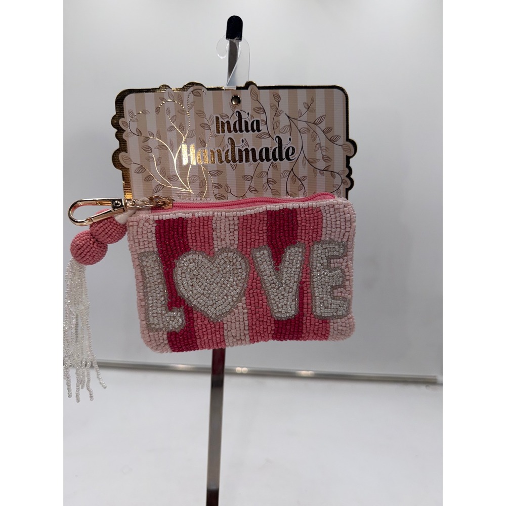 India Handmade Beaded LOVE Heart Coin Purse Pink Red Striped Pouch Tassel NWT